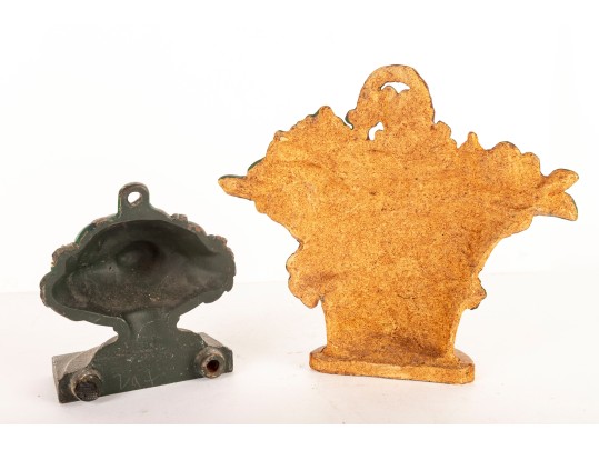 Pair Of Antique Cast Iron Doorstops – Floral And Fruit Basket Motifs