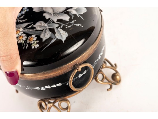 Antique Black Enameled Glass Bohemian Casket Box 
