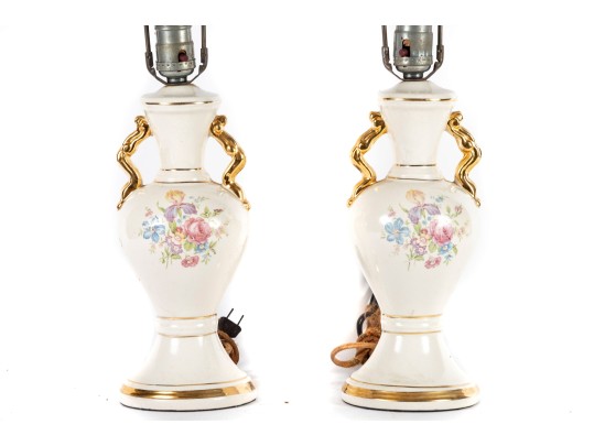 Pair Of Vintage Floral Porcelain Urn Lamps With Gilt Handles