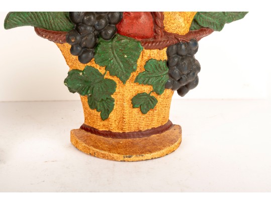 Pair Of Antique Cast Iron Doorstops – Floral And Fruit Basket Motifs