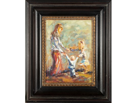 Impressionist Family Scene Oil Painting -- Signed