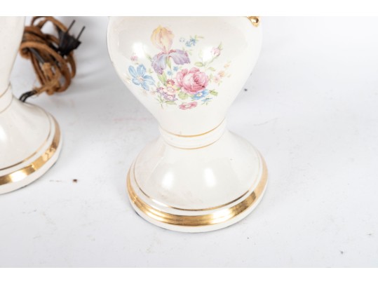 Pair Of Vintage Floral Porcelain Urn Lamps With Gilt Handles