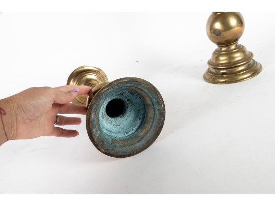 Pair Of Heavy 19th Century Baroque Brass Altar Candle Holders