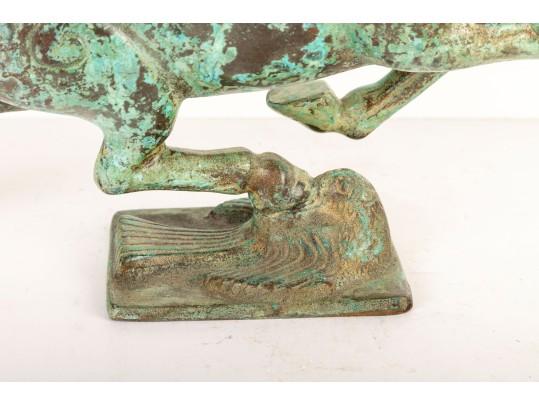 Solid Brass Trotting Horse Sculpture With Verdigris Patina