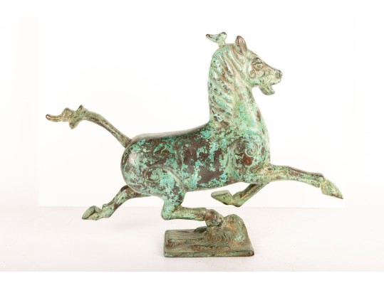 Solid Brass Trotting Horse Sculpture With Verdigris Patina