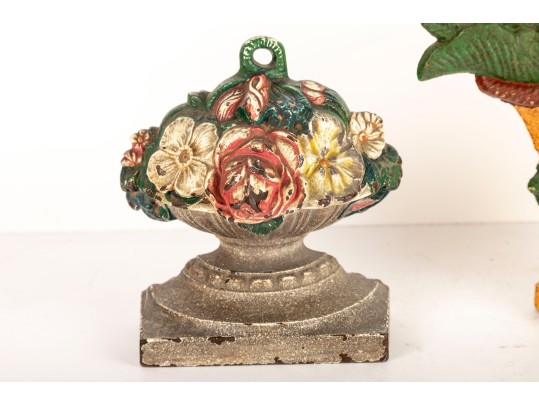 Pair Of Antique Cast Iron Doorstops – Floral And Fruit Basket Motifs