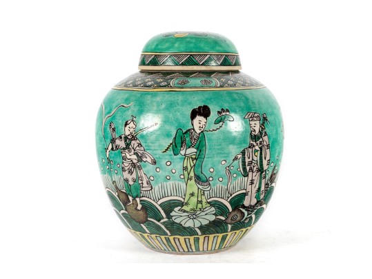 Late 19th / Early 20th Century Famille Verte Ba-Xian Decorated Lidded Jar 