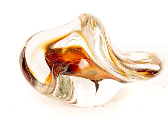 Freeform Art Glass Amber Paperweight — Signed