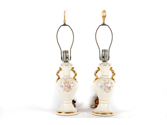 Pair Of Vintage Floral Porcelain Urn Lamps With Gilt Handles