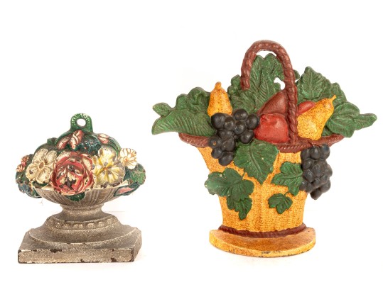 Pair Of Antique Cast Iron Doorstops – Floral And Fruit Basket Motifs