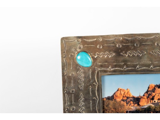 Southwestern Stamped Brass Picture Frame With Turquoise Cabochons