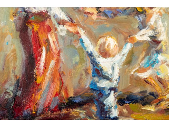 Impressionist Family Scene Oil Painting -- Signed