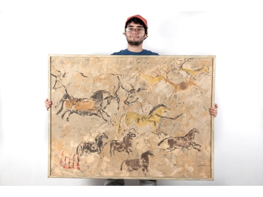 Framed Oil On Art Board – Cave Art/Petroglyph Style Painting