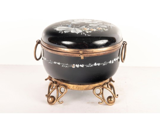 Antique Black Enameled Glass Bohemian Casket Box 