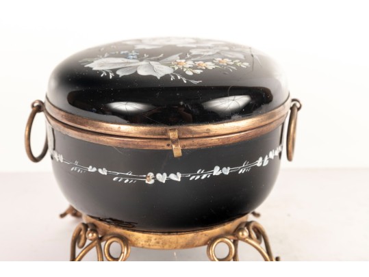 Antique Black Enameled Glass Bohemian Casket Box 