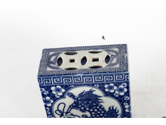 Early 20th Century Chinese Blue & White Foo-Dog Pattern Porcelain Opium Pillows