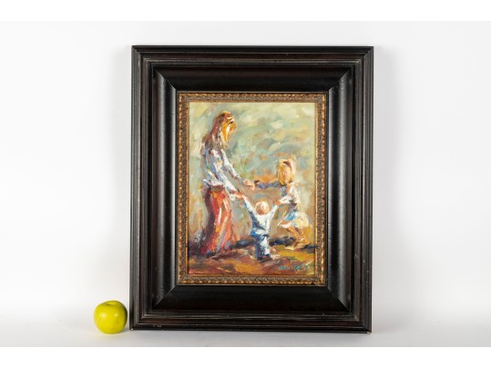 Impressionist Family Scene Oil Painting -- Signed