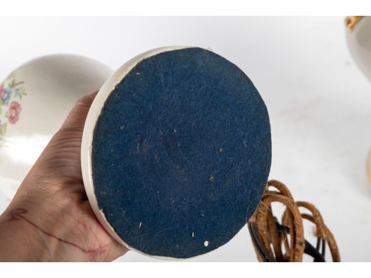 Pair Of Vintage Floral Porcelain Urn Lamps With Gilt Handles