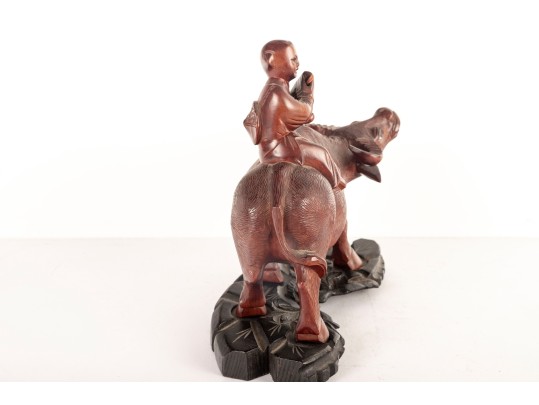 Late 19th Centiry Carved Wood Sculpture Of Elder Riding Water Buffalo