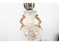 Pair Of Vintage Floral Porcelain Urn Lamps With Gilt Handles