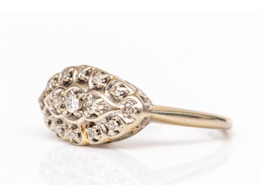 14k Gold Vintage Horizontal Navette Profile Diamond Set Cluster Ring, App. 0.07 TCW, Size 6.5-