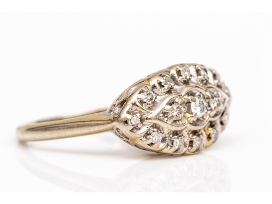 14k Gold Vintage Horizontal Navette Profile Diamond Set Cluster Ring, App. 0.07 TCW, Size 6.5-