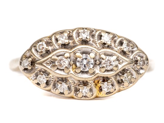 14k Gold Vintage Horizontal Navette Profile Diamond Set Cluster Ring, App. 0.07 TCW, Size 6.5-
