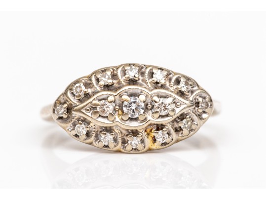 14k Gold Vintage Horizontal Navette Profile Diamond Set Cluster Ring, App. 0.07 TCW, Size 6.5-