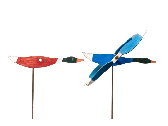 Two Vintage Hand-carved And Painted Duck Windmills