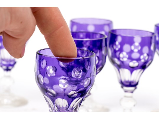 Set Of Nine Bohemian Amethyst Cut To Clear Goblets