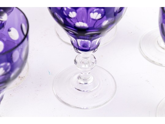 Set Of Nine Bohemian Amethyst Cut To Clear Goblets