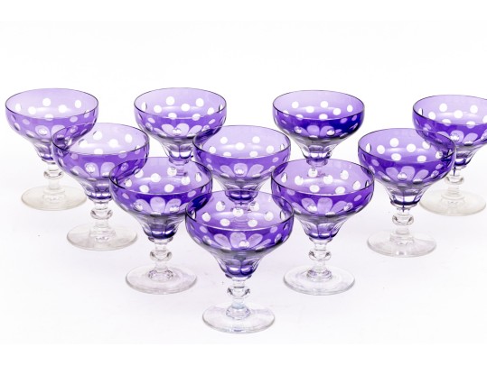 Set Of Ten Bohemian Style Amethyst Cut To Clear Cocktail Coupes