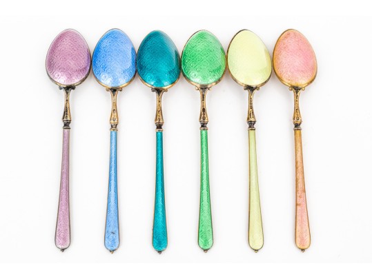 Fine Set Of Six Norwegian Sterling And Enameled Demitasse Spoons