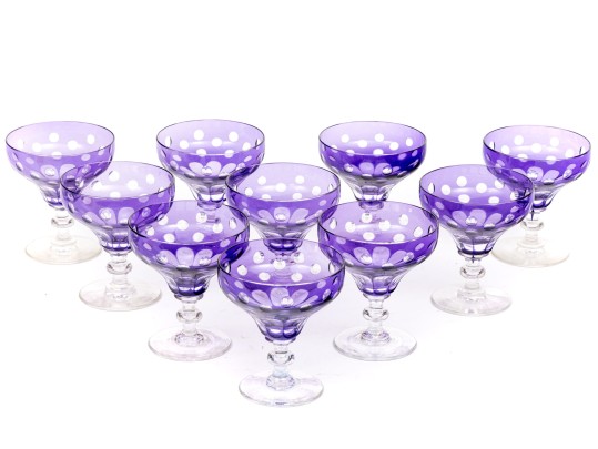Set Of Ten Bohemian Style Amethyst Cut To Clear Cocktail Coupes