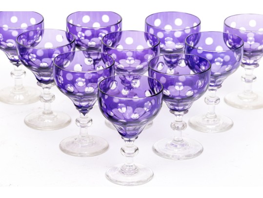 Set Of Ten Bohemian Amethyst Cut To Clear Dessert Wine Glasses