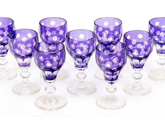 Set Of Nine Bohemian Amethyst Cut To Clear Goblets