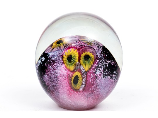 Signed Art Glass Floral Paperweight