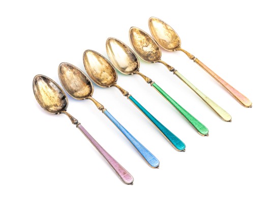 Fine Set Of Six Norwegian Sterling And Enameled Demitasse Spoons