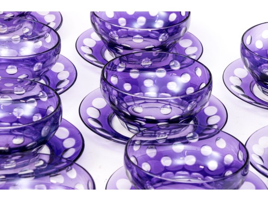 Set Of Ten Bohemian Style Amethyst To Clear Cut Bowls With Plates