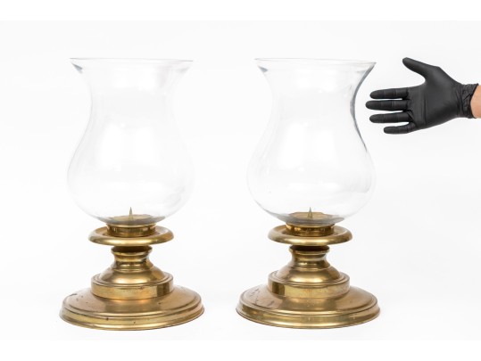 Large Pair Of Brass And Glass Candle Hurricanes