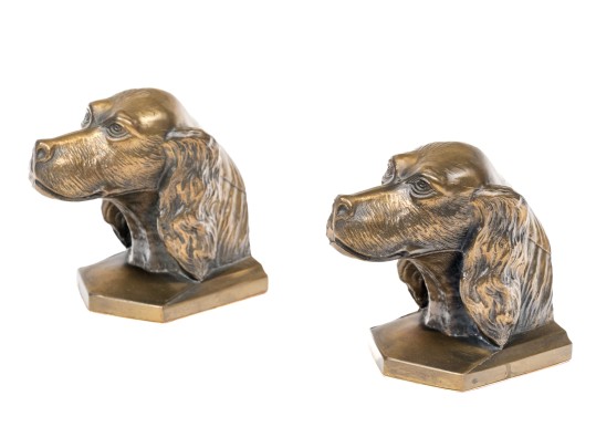 Pair Of Brass Tone Dog Head Bookends
