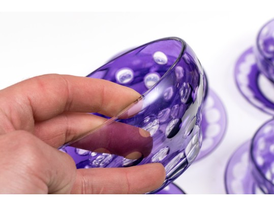 Set Of Ten Bohemian Style Amethyst To Clear Cut Bowls With Plates