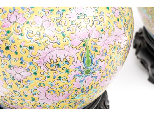 Pair Of Chinese Famille Rose On Yellow Ground Porcelain Jars On Stands