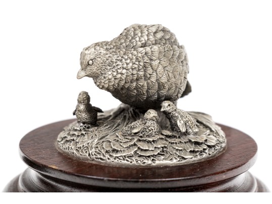 Set Of Two Robert K. Davis Chilmark Pewter Bobwhite Quails On Wood Stands