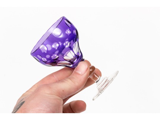 Set Of Ten Bohemian Amethyst Cut To Clear Dessert Wine Glasses