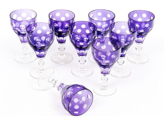 Set Of Nine Bohemian Amethyst Cut To Clear Goblets