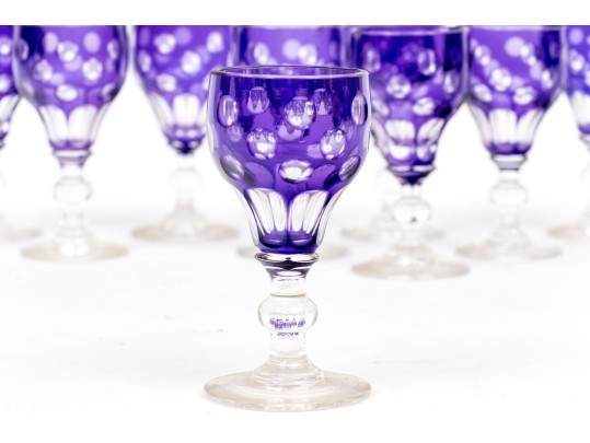 Set Of Nine Bohemian Amethyst Cut To Clear Goblets