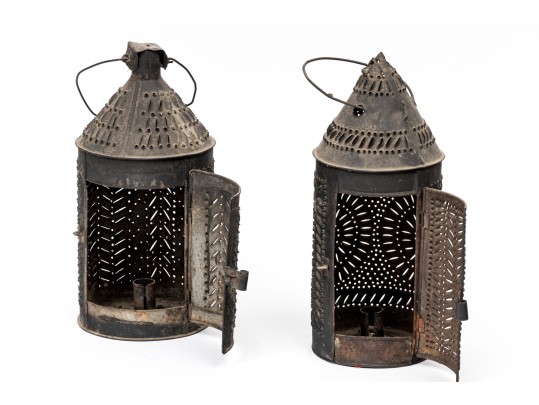 Pair Of Pierced Metal Candle Lanterns