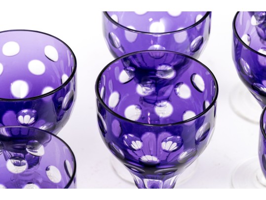 Set Of Nine Bohemian Amethyst Cut To Clear Goblets