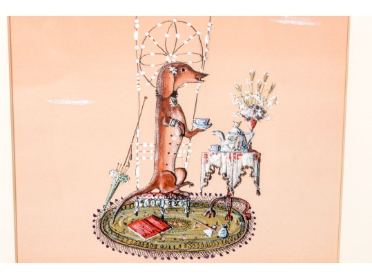 Mason Wells Mixed Media On Paper, Dachshund Having Tea